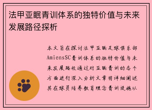法甲亚眠青训体系的独特价值与未来发展路径探析